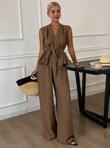 Livesso 女式 V 领交叉细肩带无袖背心和宽松阔腿裤两件套，夏季休闲装，返校服 - 咖啡棕 - 查看 2