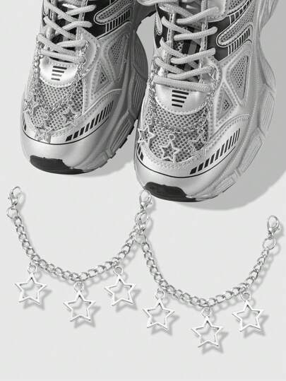 Grunge Punk 2 pièces Ensemble combiné Y2K chic minimaliste de haute qualité en argent, pendentif étoile creuse/nœud papillon, décoration pour lacets de chaussures, convient pour le port quotidien des femmes, cadeau de vacances