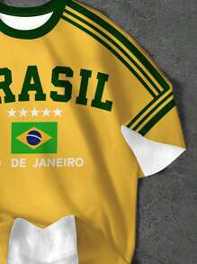 SHEIN Teen Girls' Casual Fashion Classic Chic Brazil Flag Pattern Knit Oversized T-Shirt, Suitable For Summer