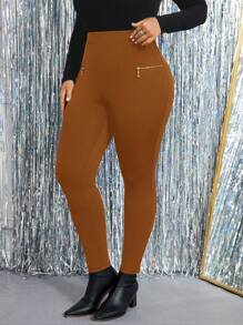 SHEIN Clasi Leggings elásticos de unicolor con cremallera decorativa talla grande para mujer
