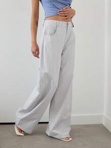 COUREZ Stripe Super Oversized Carpenter Trousers /Y2K Street Wear Summer Bottoms Vacation Vintage - Grey - View 3