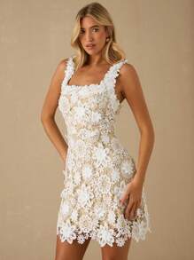 Enchnt Spring/Summer Romantic Women's White Exquisite 3D Flowers Embroidered Lace Sleeveless Cute Mini Dress,Sweet&Elegant For Vacation&Date&Holiday&Party&Graduation&Wedding Guest&Beach,Prom Dress,Summer Dresses For Women,Sun Dresses For Women,Summer Clothes - White - View 4