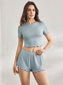Ocili Leisure Women's Comfortable Stretchy Ruffle Trim Short Sleeve & Shorts Pajama Set