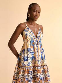 CAJUNI Sommerliches Lässig Kleid mit V-Ausschnitt und Spaghettiträgern, kurzes Mini-Kleid mit Muster für Frauen, Sommer