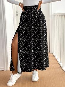 SHEIN Frenchy Women's Casual Holiday High Slit Flare Hem Skirt, Ditsy Floral Pattern, Suitable For Summer Chic Dress - Multicolor - View 6