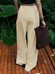 DAZY Pantalones anchos de pierna ancha con estampado de rayas, cintura elástica con cordón y bolsillos laterales, estilo resort, para mujer