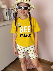 Happikins 2pcs Set: Casual Cute Cartoon Bee & Flower Print Short Sleeve Top And Cycling Shorts For Girls, Summer - Multicolor - View 2