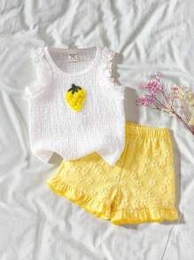 SHEIN Vintaside Kids Baby Girl 2pc Set: 2025 Summer New Sleeveless Top + Casual Ruffle Hem Shorts - Multicolor - View 1