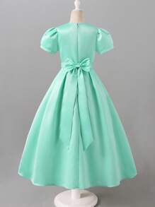 SHEIN Glamorique Kids Tween Girls Elegant Glamorous Summer Dress, Bow Backless Design, Wearing Shows Sweet & Cute Style Mint Green Dress For Girls - Green - View 2