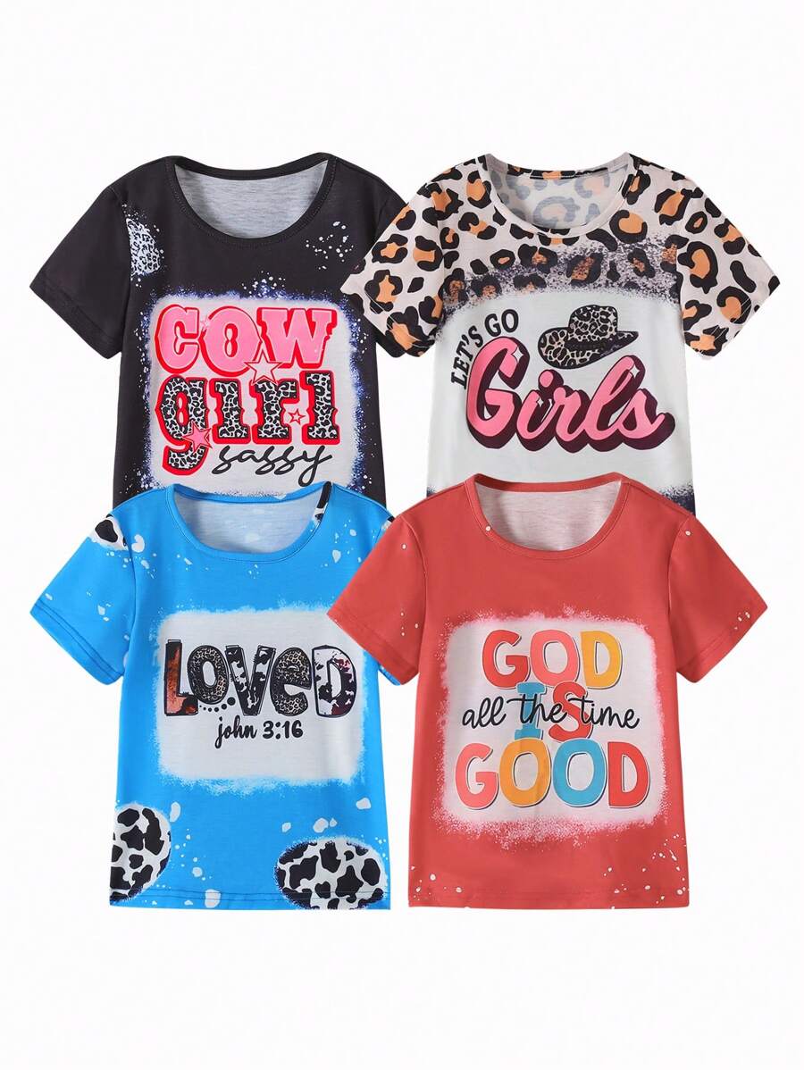 Camisetas de manga corta con estampados de eslóganes múltiples para niñas jóvenes - Multicolor - Ver 1