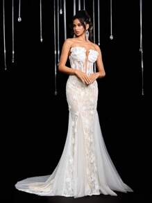 Glamrae 优雅白色紧身胸衣深 V 领花卉缎面镶嵌蕾丝网覆盖鱼尾长拖尾，适合晚会、婚礼、新娘礼服 - 白色 - 查看 6