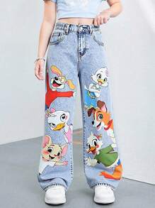 SHEIN ChillGRL 青少年女孩时尚可爱搞笑卡通动物印花浅色水洗宽松松紧腰牛仔裤 - 淺色水洗藍 - 查看 5