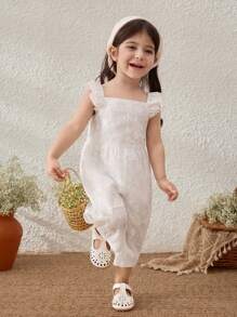 Blossori Mono de niña bebé con estilo campestre, de color blanco lechoso con bordados y mangas con volantes - Blanco - Ver 3