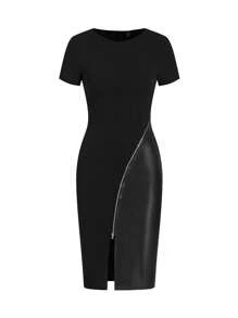 Ellevyn Elegant Women's Black Short Sleeved Patchwork PU Leather In Winter Zip Up Split Thigh Bodycon Dress,Summer Dresses For Women