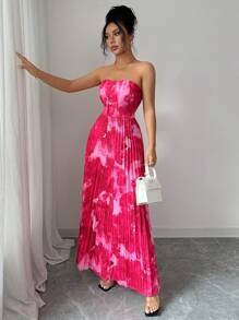 Rafferiza 女士花卉印花褶皱优雅抹胸连衣裙 - 玫紅色 - 查看 6