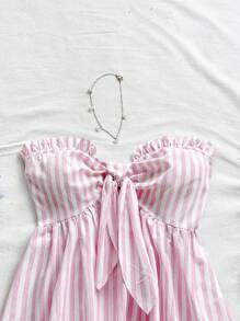 Soleia 2pcs/Set Women Striped Floral Ruffle Twist Sleeveless Crop Top And Casual Shorts Summer Beach Vacation Set, Party & Beach