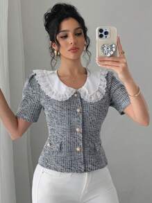 DAZY 女式蕾丝领短袖修身衬衫，夏季 - 黑與白 - 查看 6