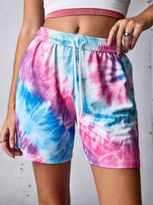 SHEIN Sports Pantalones cortos deportivos con estampado de teñido anudado y cintura con cordón para mujer