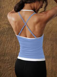 VARSIVA 时尚简约黑白撞色方领吊带女士运动T恤 - 藍白色 - 查看 2