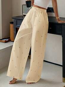 DAZY 可爱蝴蝶结印花宽松睡裤，秋季 - 杏色 - 查看 5