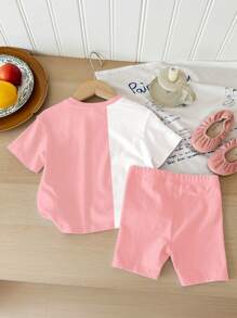 Young Girl Casual Minimalist Short Sleeve Shorts 2 Pieces Set, Suitable For Summer