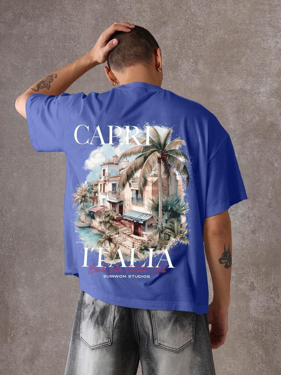 SUMWON Capri Italia 夏季度假超大旅行 T 恤地中海海滩度假村设计街头风格沿海时尚 - 藍色 - 查看 1