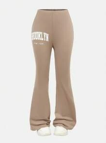 SHEIN Girlism Bộ 2 chiếc áo thun thể thao cổ tròn tay ngắn và quần ống loe cho bé gái tuổi teen - Màu Khaki - Xem 11