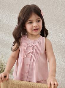 Blossori Conjunto de top sin mangas con acento de lazo y pantalones de ajuste holgado para niñas bebé de estilo campo - Rosa - Ver 6