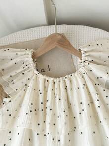 两件套：少女波点短款上衣（带泡泡袖）+修身喇叭裤 - 杏色 - 查看 5