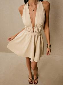 Poéselle 女式深V领无袖露背迷你连衣裙，性感纯色，夏季 - 杏色 - 查看 7