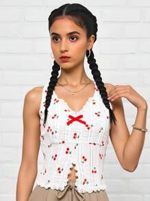 Teen Girls' Casual Cherry Print Lace Trim Halter Neck Camisole Top, Summer - White - View 1