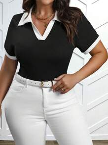 Polo Collar Black & White Colorblock T-Shirt, Plus Size Graphic Tees Women Tops - Black and White - View 3