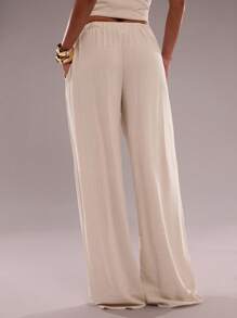 SHEIN BAE 1 件杏色纯亚麻简约弹力抽绳简约口袋宽松阔腿低腰裤，亚麻裤，阔腿裤，休闲裤，老钱风格女性，斯德哥尔摩风格，商务休闲女性，外出，机场女性