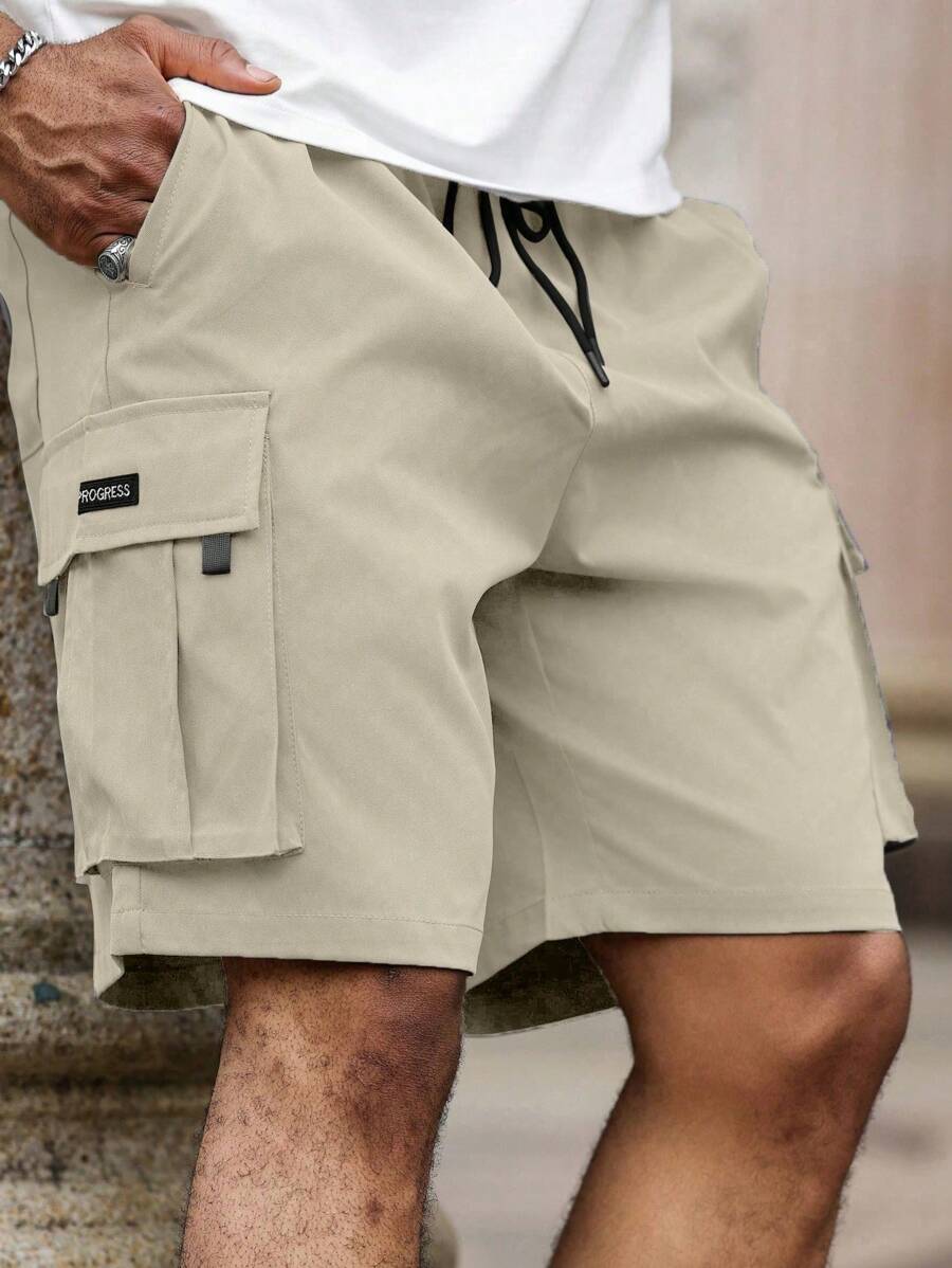 Manfinity Homme 大码男式简约抽绳腰工装短裤 - 杏色 - 查看 1