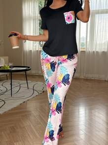 SHEIN 蝴蝶与花朵印花女士休闲睡衣套装 - 黑色 - 查看 4