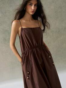 LYSMO 2025 Summer And Early Autumn Minimalist Style INS Blogger Style Brown Suspender Drawstring Dress For Festival Style, Birthday Party Outfits, Airport Style And Back To School Season - Khaki - View 5