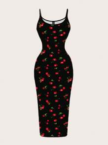 SHEIN EZwear 樱桃印花休闲简约全长紧身吊带裙，适合夏季