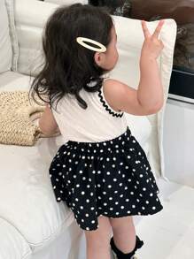 Dazy Kids 2pcs/Set Baby Girls' Casual Korean Style Cute Bow Sleeveless Top And Polka Dot Skirt Set - Black - View 2
