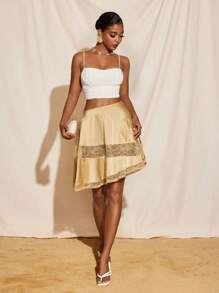 Harviee Satin Lace Hankie Styler Luxury Modern Flair Mini Skirt Sexy Women Summer Holiday - Apricot - View 5