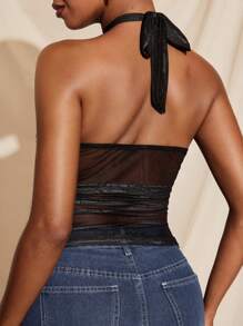 Mathilde Lhomme Top sexy transparent cu imprimeu grafic din plasă, cu guler halter și nod, cu guler rotund, tip bandeau