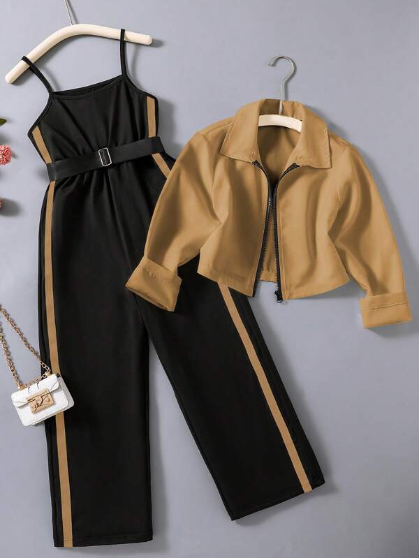 Conjunto de blusa de manga larga con cremallera y bloqueo de colores y mono con tirantes ajustables, estilo urbano, para niñas preadolescentes