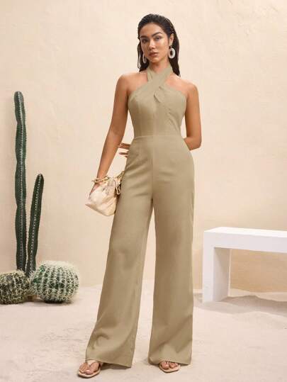 BY FELIZIA Solid Color Cross Strap Backless Elegant Wide Leg Jumpsuit