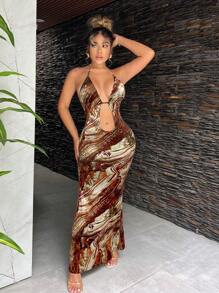 SHEIN SXY 夏季女士大理石印花吊带曲线镂空女士性感连衣裙 - 棕色 - 查看 3