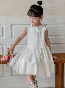 DAZY Vestido de Tule com Laço de Lantejoulas Estilo Coreano para Meninas, Vestido Sem Mangas de Comprimento Médio, Conjunto de Roupas de Verão para Meninas - Branco - Visão 1