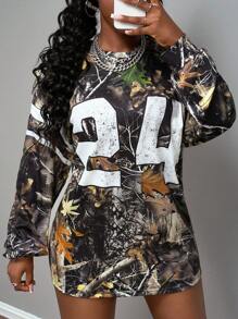 Slaydiva Camiseta de manga larga de cuello redondo, estilo casual, deportivo y callejero para uso diario, festivales de música, con estampado digital completo de hojas muertas y ramas del 2025 Otoño/Invierno, de corte ultra holgado