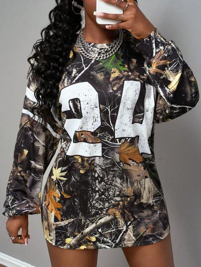 Slaydiva 2025秋冬新款休闲街头运动风日常约会音乐节圆领长袖落肩超宽松T恤24数字枯叶树枝满印