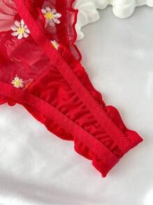 SHEIN Esselle 2 件套加大码浪漫刺绣钢圈性感内衣套装，提拉 - 紅色 - 查看 5