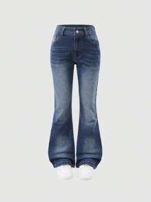 Sparklyn 千禧少女风高腰弹力蓝色喇叭牛仔裤，秋冬季可爱喇叭裤，适合秋季节日休闲庆典、街头风穿搭，百搭休闲牛仔裤，适合日常穿着 - 深色水洗藍 - 查看 3