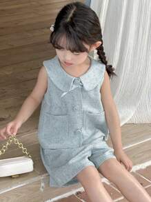 2pcs Sleeveless Bow Decor Blouse And Shorts Set For Young Girls - Baby Blue - View 3