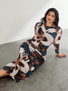 Firerie Đầm suông cổ tròn tay dài in họa tiết hoa cỡ lớn thanh lịch cho nữ - Nhiều màu - Xem 3